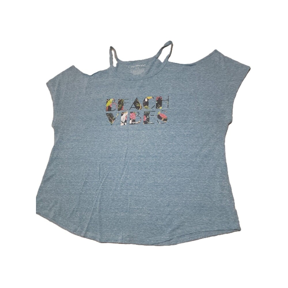 Lane Bryant Cold Shoulder Top Womens 18 Blue "Beach Vibes" Print Tropical Blouse